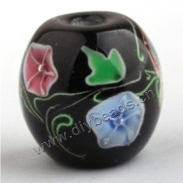 Bead, lampworked glass,black with flower, 20x20mm round.mini order 50pc 