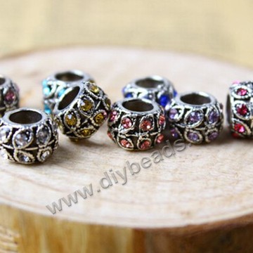 Bead,big-hole beads,alloy,7x9mm rondelle with cz stone,Sold per pkg of 30ps