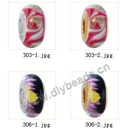 Bead,big-hole beads ,lampworked glass with silver-finished brass grommets,mixed colors and designs,6x12mm-8x14mm rondelle ,4mm spiral hole,sold per pkg of 10ps