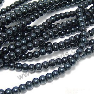 Bead, glass pearl, black, 6mm round. Sold per pkg of two 16-inch strands.