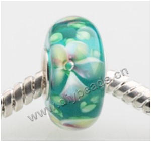 Bead, big-hole beads,Lampworked glass and 925 sterling silver grommet,green with flower, 14x7mm rondelle with 4.5 mm hole,sold per pkg of 50ps