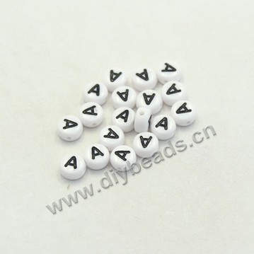 Bead mix, acrylic, white with black alphabet A, 7x4mm double-sided flat round with 1.2mm drill hole. Sold per pkg of 100ps