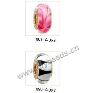 Bead,big-hole beads ,lampworked glass with brass grommets,mixed colors and designs,6x12mm-8x14mm rondelle ,4mm spiral hole,sold per pkg of 10ps