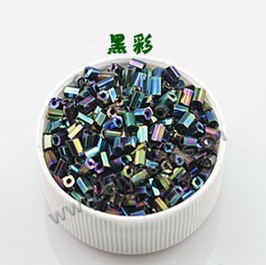 Bugle bead, glass,rainbow ,black ,#1(2x2mm) beads. Sold per pkg of 80 grams,approximately 4,500ps.