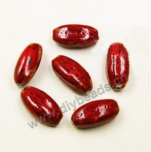 Bead, fancy glaze porcelain, red, 27x12mm long oval. Sold per pkg of 30 beads 