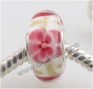 Bead, big-hole beads,Lampworked glass and silver-plated brass grommet,red with flower, 14x7mm rondelle with 4.5 mm hole,sold per pkg of 50ps