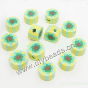 Bead, polymer clay, yellow/green, 6x4mm double-sided flat round with flower. Sold per pkg of 24.