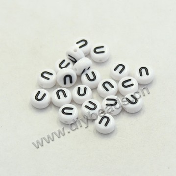 Bead mix, acrylic, white with black alphabet U, 7x4mm double-sided flat round with 1.2mm drill hole. Sold per pkg of 100ps