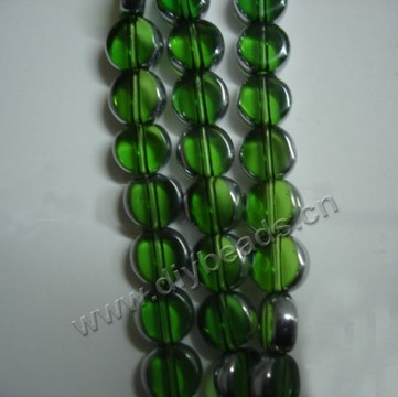 Bead ,silver-plated glass, green, 10mm flat round. Sold per pkg of ten 32cm strand.