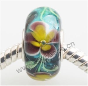 Bead, big-hole beads,Lampworked glass and silver-plated brass grommet,  green with flower, 14x7mm rondelle with 4.5 mm hole,sold per pkg of 50ps