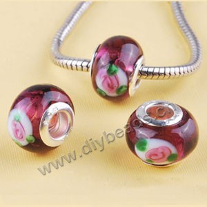 Bead,big-hole beads ,lampworked glass with silver-finished brass ,dark red/white/pink/green,10x14mm rondelle with flower,5mm hole,sold per pkg of 10ps
