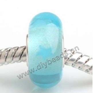 Bead, big-hole beads,Lampworked glass and silver-plated brass grommet,blue with flower,14x7mm rondelle with 4.5 mm hole,sold per pkg of 50ps