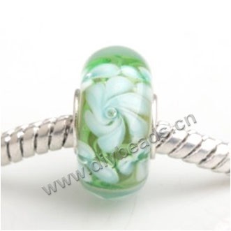 Bead, big-hole beads,Lampworked glass and silver-plated brass grommet,green with flower,14x7mm rondelle with 4.5 mm hole,sold per pkg of 50ps