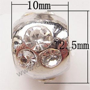 Bead, big-hole beads,silver-plated pewter and enameled ,  11x8mm drum with rhinestone, 5mm hole. Sold per pkg of 10ps