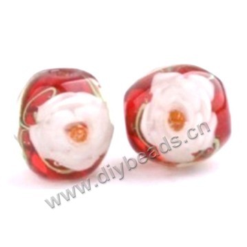 Bead, lampworked glass,red with flower, 16x16mm round.mini order 50pc 