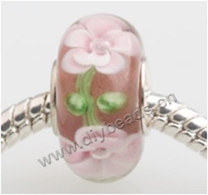 Bead, big-hole beads,	Lampworked glass and 925 sterling silver grommet,Pink with flower, 14x7mm rondelle with 4.5 mm hole,sold per pkg of 50ps
