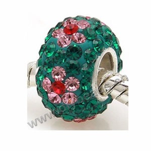 Bead, big-hole beads,rhinestone and 925 silver grommet,green and pink, 8x14mm rondelle with 5 mm hole,sold per pkg of 10ps