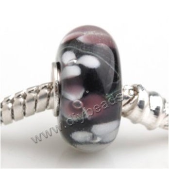 Bead, big-hole beads,Lampworked glass and silver-plated brass grommet,black with flower,14x7mm rondelle with 4.5 mm hole,sold per pkg of 50ps