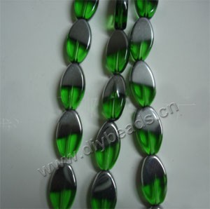 Bead ,silver-plated glass, green, 19x10mm flat oval. Sold per pkg of ten 31cm strand.