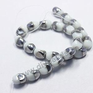 Bead ,silver-plated glass, opaque white, 13x10mm twisted oval. Sold per pkg of ten 30cm strand.