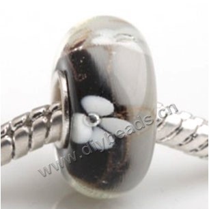 Bead, big-hole beads,Lampworked glass and 925 sterling silver grommet,black with flower, 14x7mm rondelle with 4.5 mm hole,sold per pkg of 50ps