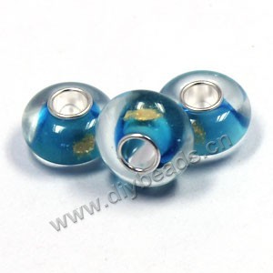 Bead,big-hole beads ,clear and blue,lampworked glass with silver-finished brass,14x8m rondelle ,mini order 50pcs