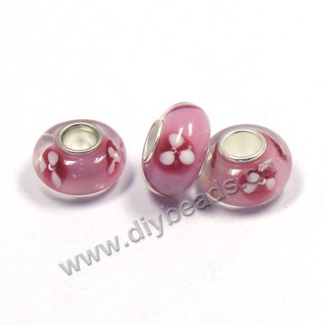 Bead,big-hole beads ,lampworked glass with silver-finished brass,14x8m rondelle ,red, mini order 100pcs