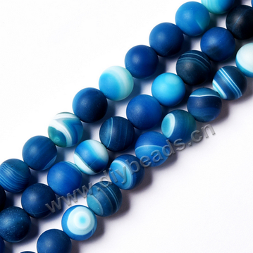 Beads, frosted striped agate, blue color, 8mm round. Sold per pkg of 10 strands