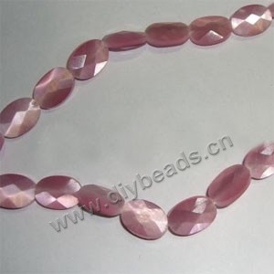 Bead, cat's eye glass, light pink, 14x10mm faceted  oval. Sold  per pkg of  ten 14.5-inch strand