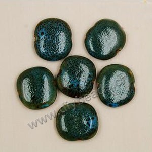 Bead, fancy glaze porcelain, blue, 27-30mm flat round. Sold per pkg of 18 beads 