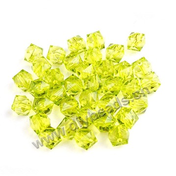 Bead, acrylic, fruit green, transparent, 10mm faceted cube. Sold per 100-gram pkg.