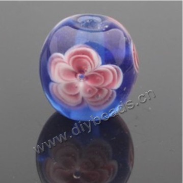 Bead,Japan lampworked glass,blue with flower, 14x14mm round.mini order 100pc 