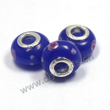 Bead,big-hole beads ,lampworked glass with silver-finished brass,14x9m rondelle ,blue mini order 200pcs