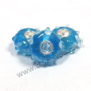 Bead,big-hole beads ,blue,lampworked glass with silver-finished brass,14x7m rondelle with bumpy flower ,blue,mini order 10pcs