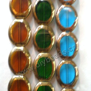 Bead, copper-plated glass, orange/green/turquoise blue, 17x14mm flat oval. Sold per pkg of ten 16-inch strand.