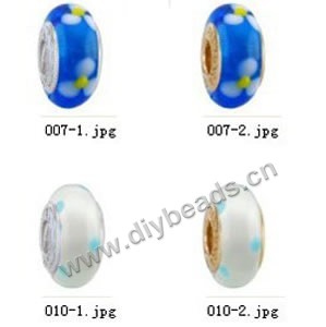 Bead,big-hole beads ,lampworked glass with silver-finished brass grommets,mixed colors and designs,6x12mm-8x14mm rondelle ,4mm spiral hole,sold per pkg of 10ps