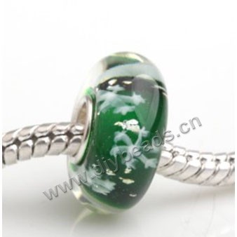 Bead, big-hole beads,Lampworked glass and silver-plated brass grommet,green with flower,14x7mm rondelle with 4.5 mm hole,sold per pkg of 50ps