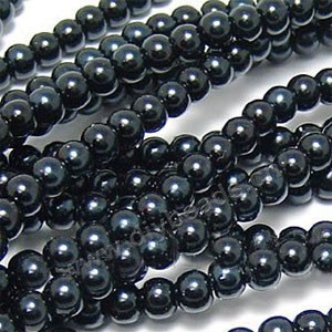 Bead, glass pearl, black, 8mm round. Sold per pkg of 32-inch strands.