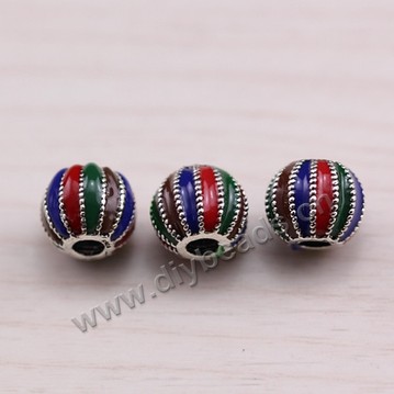 Enamel Bead, 925 Thai silver, round, 8*7mm, 3mm hole, multicolored, Sold per pkg of 1 bag-5 pieces.