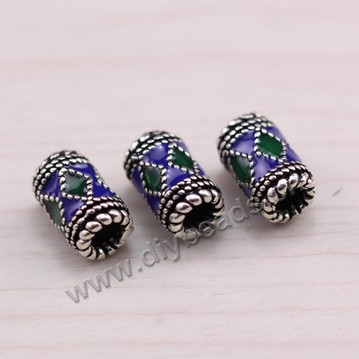 Enamel Bead, 925 Thai silver, round tube, 7*11mm, 2mm hole, multicolored, Sold per pkg of 1 bag-(3 pieces).