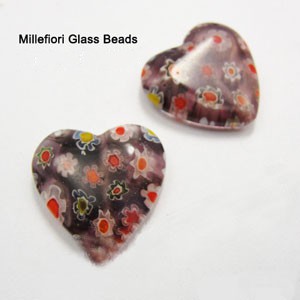 bead,millefiori glass,brown/red/black/white ,14x14x4mm flat heart,approximately 26ps/strand 