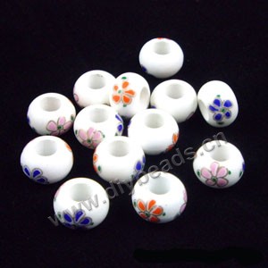 Bead, decal porcelain, white and blue/orange, 15x10mm rondelle with flower,5-6mm hole. Sold per pkg of 12.