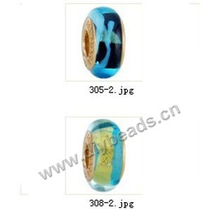 Bead,big-hole beads ,lampworked glass with brass grommets,mixed colors and designs,6x12mm-8x14mm rondelle ,4mm spiral hole,sold per pkg of 10ps