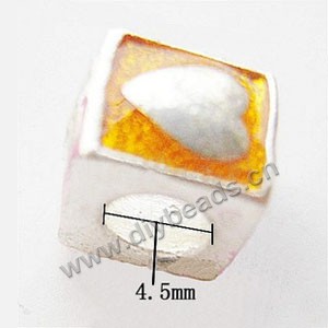 Bead, big-hole beads,silver-plated pewter and enameled ,yellow, 9x9mm cube with heart, 4.5mm hole. Sold per pkg of 10ps