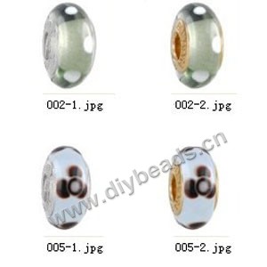 Bead,big-hole beads ,lampworked glass with silver-finished brass grommets,mixed colors and designs,6x12mm-8x14mm rondelle ,4mm spiral hole,sold per pkg of 10ps