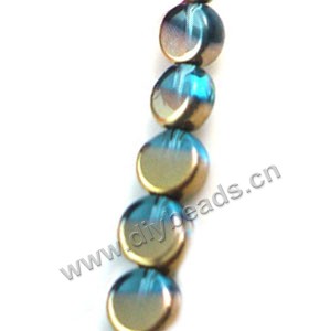 Bead ,copper-plated glass, turquoise blue, 10mm flat round. Sold per pkg of ten 29cm strand.