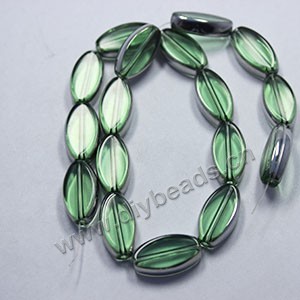 Bead ,silver-plated glass, green, 19x10mm flat oval. Sold per pkg of ten 31cm strand.