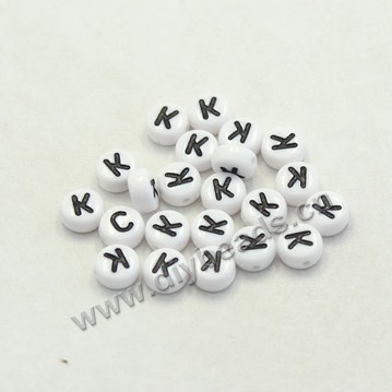 Bead mix, acrylic, white with black alphabet K, 7x4mm double-sided flat round with 1.2mm drill hole. Sold per pkg of 100ps
