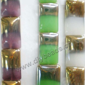 Bead, copper-plated glass, purple/white/green, 21x16mm rectangle. Sold per pkg of ten 11-inch strand.
