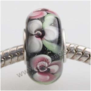 Bead, big-hole beads,	Lampworked glass and silver-plated brass grommet,black with flower, 14x7mm rondelle with 4.5 mm hole,sold per pkg of 50ps